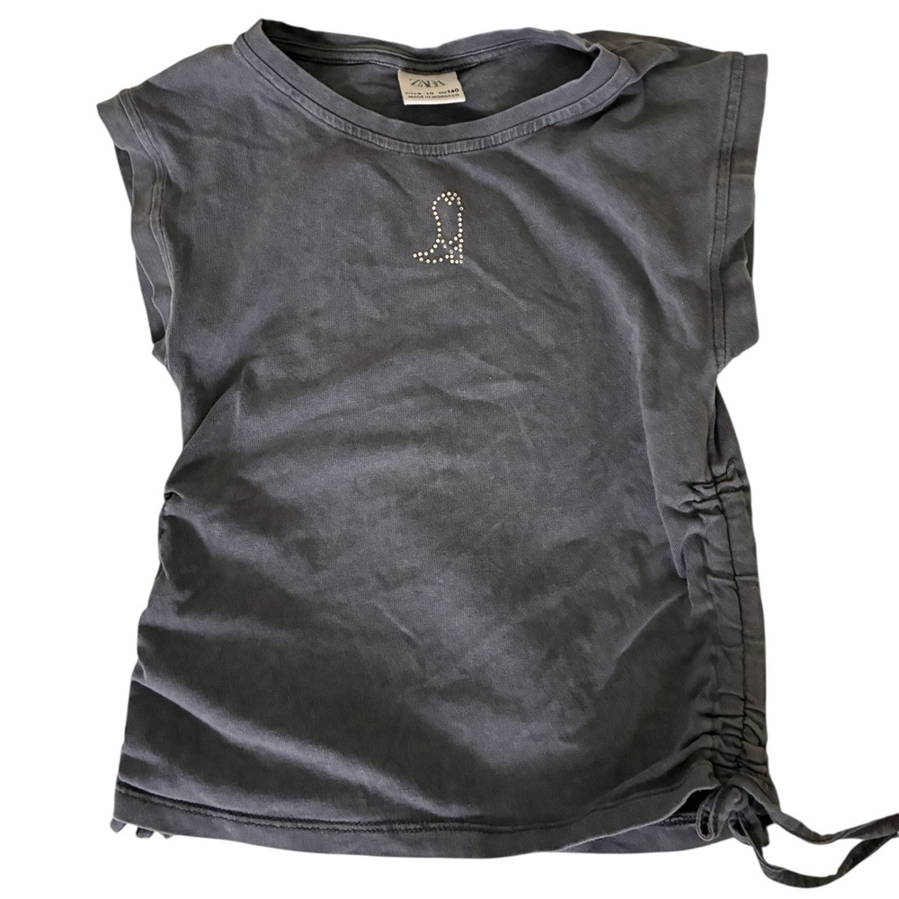 Zara | Grey short sleeve crewneck ruched side tie western cowboy cowboot shirt